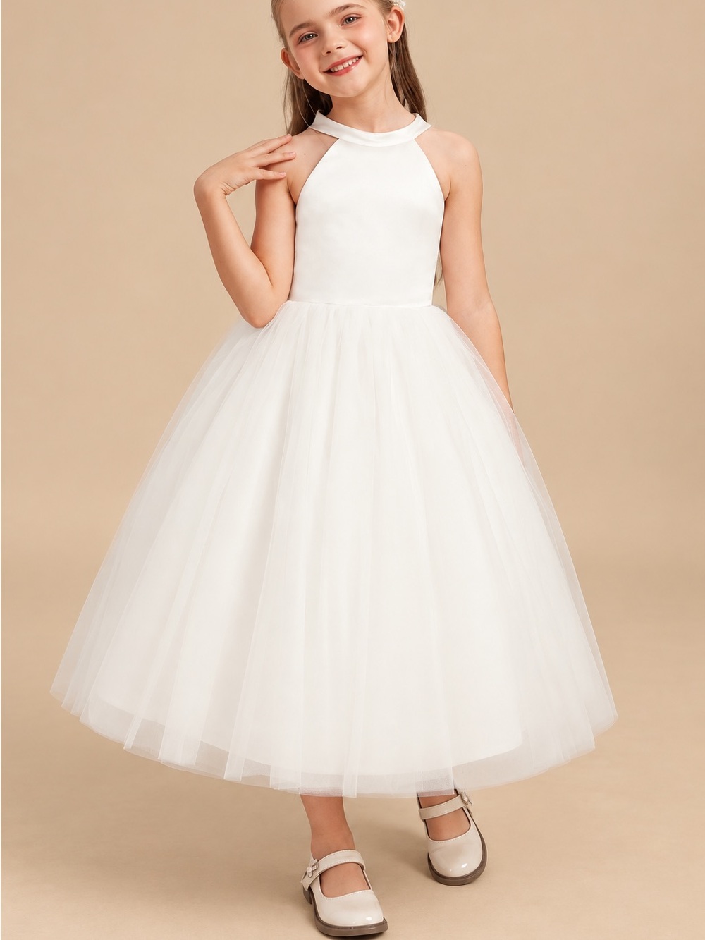 Girls White Tulle Flower Girl Dress โ Size 4T ๐ค